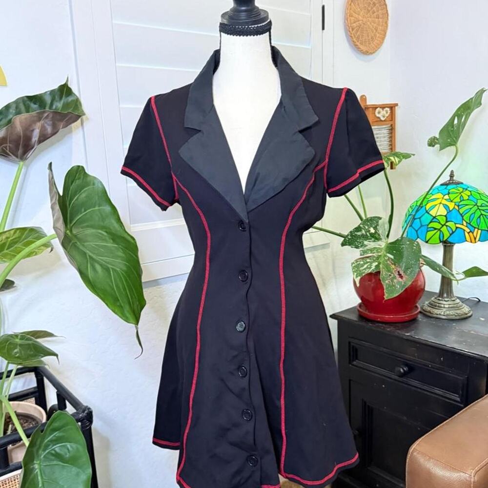 Dolls Kill Current Mood Black Red Contrast Stitch Button Front Mini Dress XL